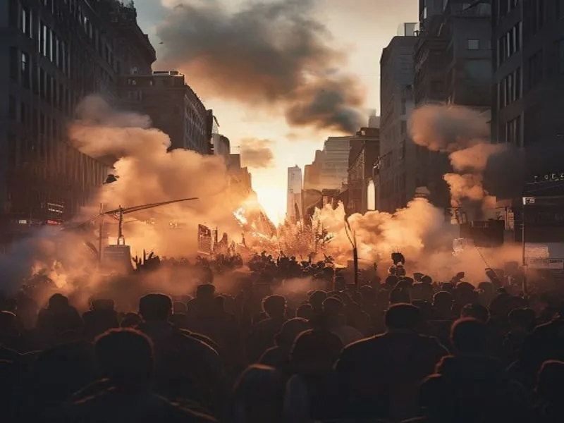 Crowd gathered in a smoke-filled city street